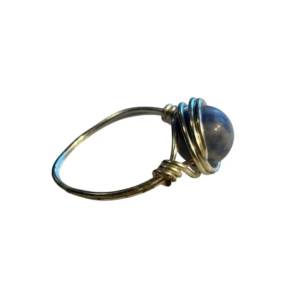 Sodalite Stone Ring Handtied Wire Wrap Gemstone Silver Tone Size 5.75 Blue White